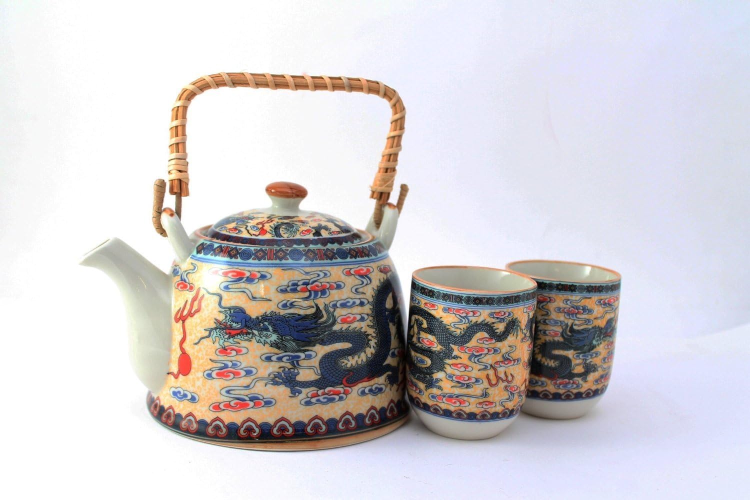 Dragon Chinese Tea Pot and 2 Tea Cup Set Infuser (Mix Styles) Teapot (Yellow)