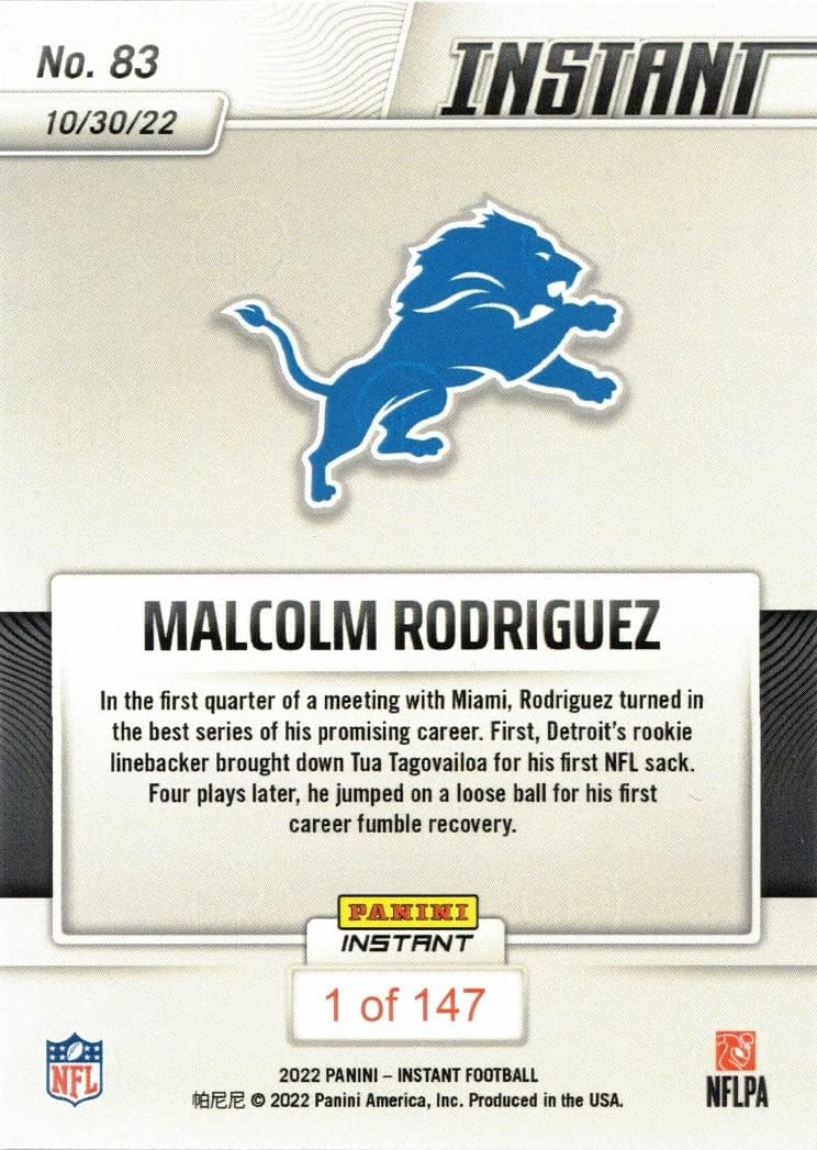 2022 Panini Instant Football #83 Malcolm Rodriguez Rookie Card Lions - Only 147 made!