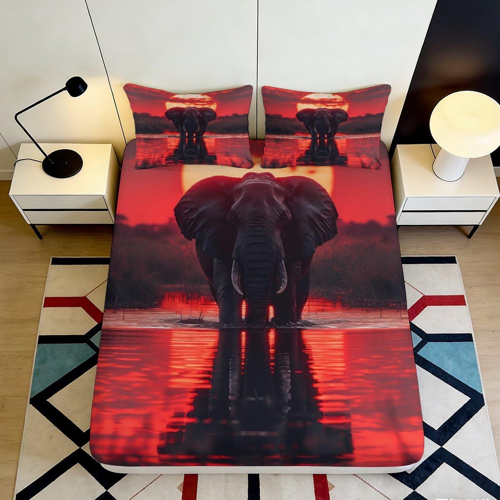 3D Printed Elephant Sunset Fitted Sheet Microfiber Soft Red Wildlife Bed Cover for Bedroom Guest Room Decor 90x200x25cm