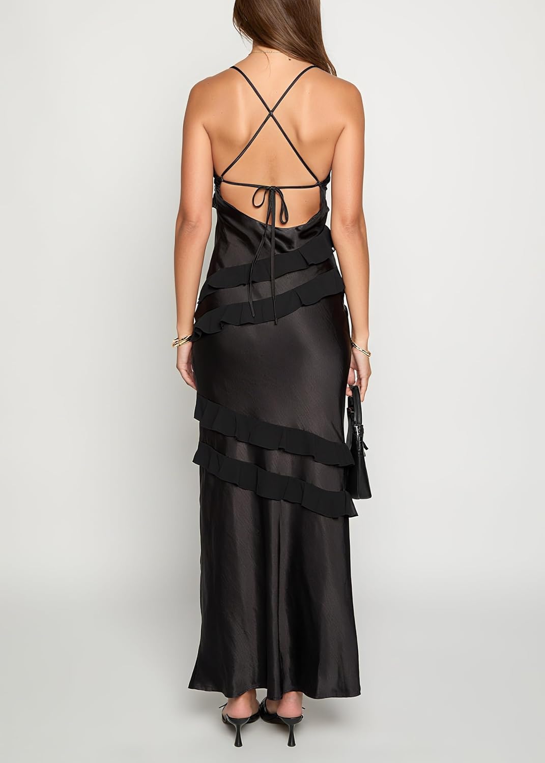 BAGONE Summer V Neck Satin Ruffle Maxi Dresses for Women 2025 Spaghetti Strap Tie Backless Formal Wedding Guest Long Dress - Image 4