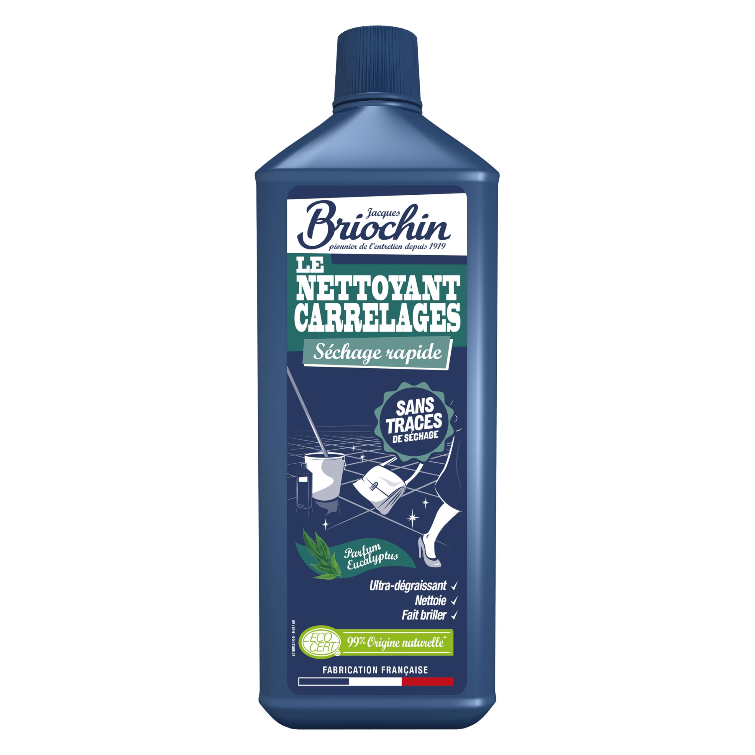JACQUES BRIOCHIN - Super Nettoyant Carrelage - Séchage Rapide - Sans Traces - Ultra Dégraissant - Parfum Eucalyptus - 96.6% d'Ingrédients d'Origine Naturelle - Ecocert - Fabrication Française - 1L