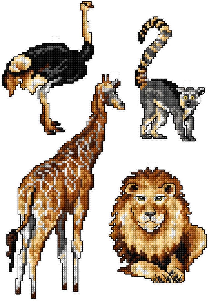 Counted Cross-Stitch Kit on Plastic Canvas with Cute Animals. 4 Lovely Ornaments Different Dimensions 121CS. 14 Count Plastic Canvas Sheets 8.27x11.02 Inches. Wonderful for Art & Craft Amateurs