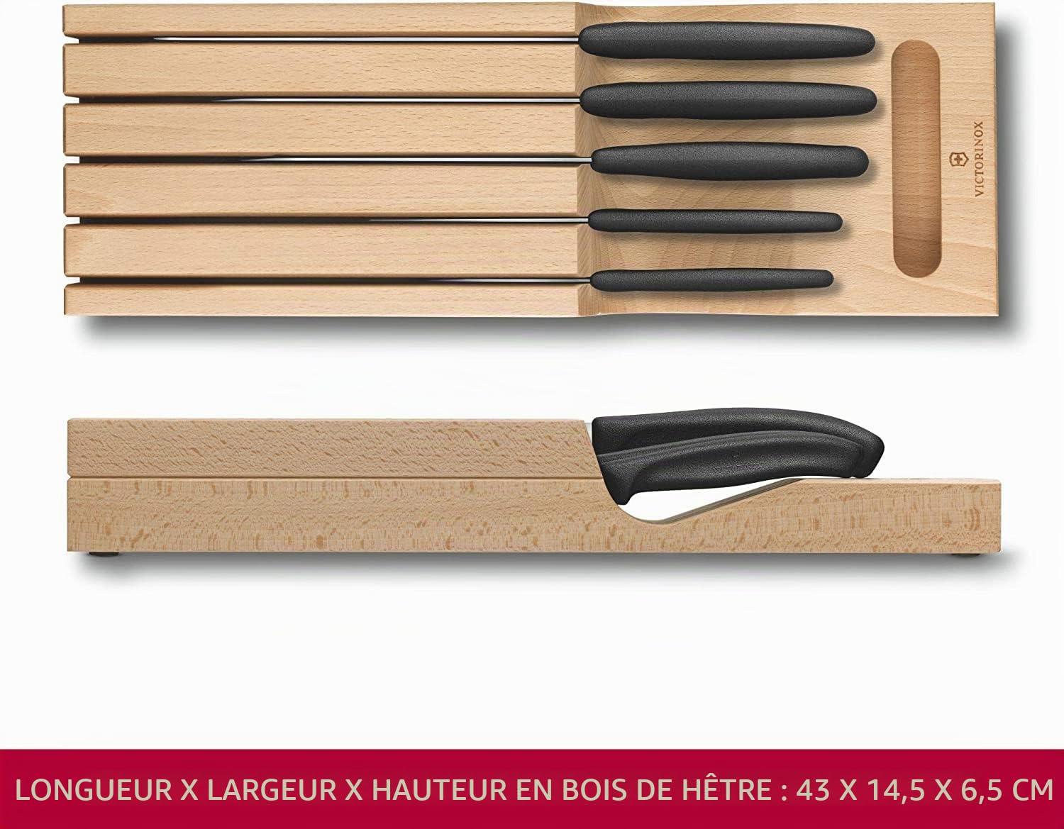 Victorinox Swiss Classic Range-Couteaux pour Tiroir, 5 Pièces, Couteaux d’Office, à Tomate et Couteau de Table, Couteau à Découper, Couteau Santoku, Couteau à Pain, Bois de Hêtre