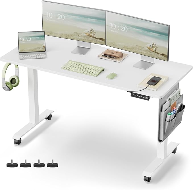 VASAGLE Electric Height Adjustable Desk, 60 x 140 x (72-120) cm, Continuous Adjustment, Memory Function with 4 Heights, Cloud White LSD174W01