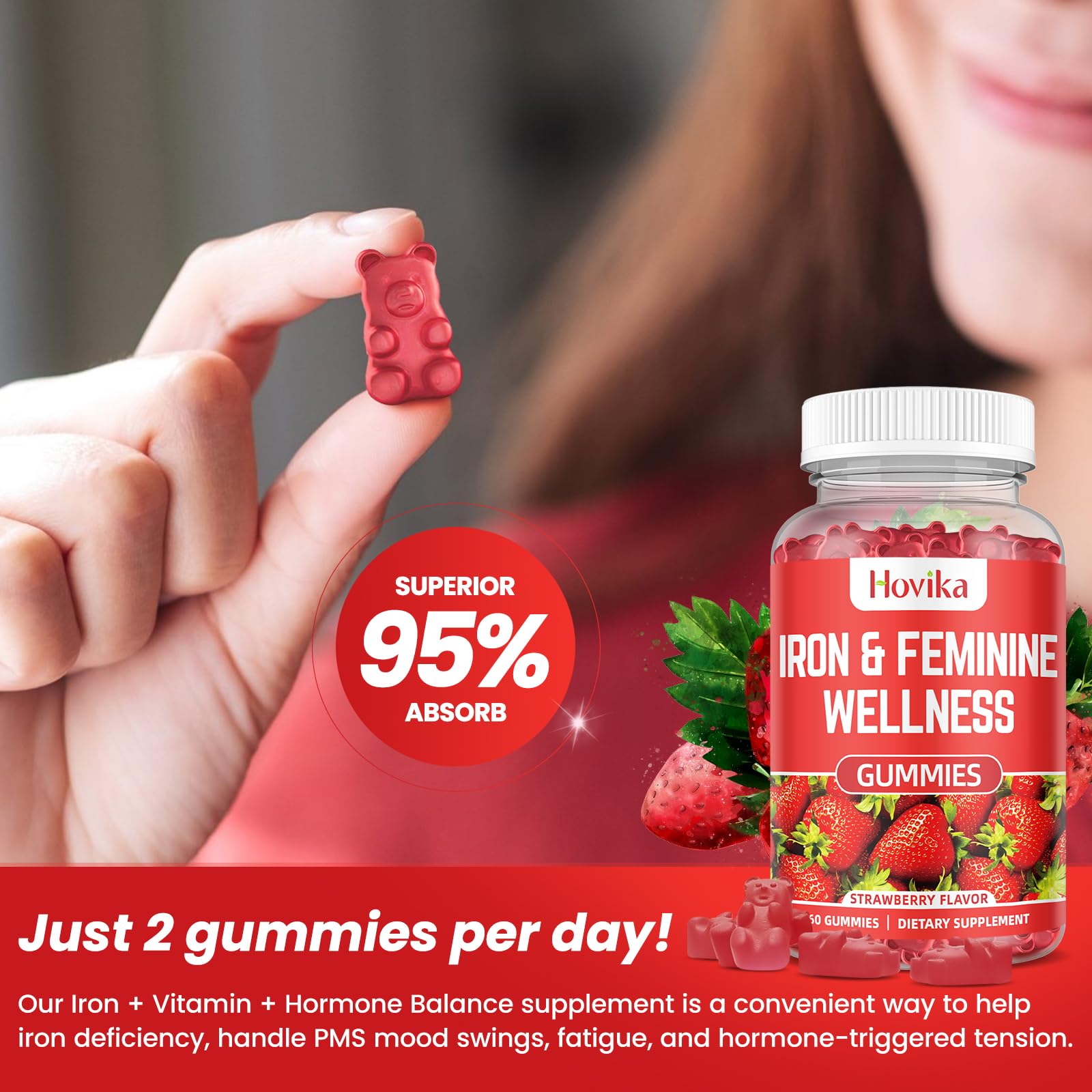 Iron for Women Gummies, 40mg Iron Supplement Anemia with multivitamin for Women, Zinc, Selenium, Iodine - for Iron Deficiency - Natural Hormonal Support for PMS, Strawberry Flavour, 60 Count — Amazon image 6
