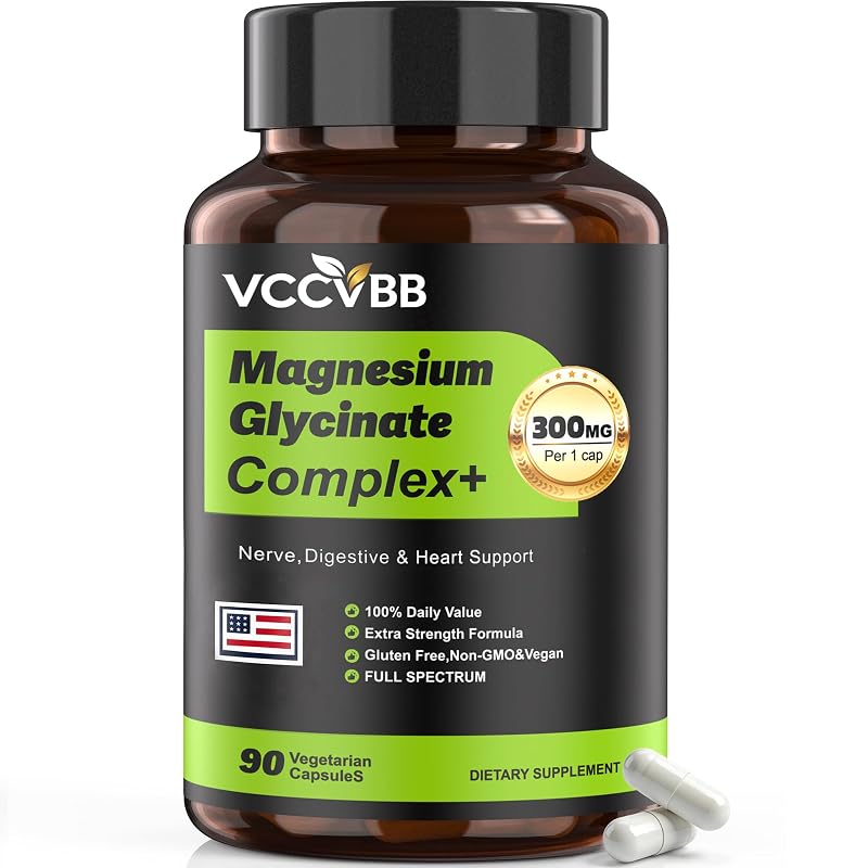 VCCVBB Suplemento de magnésio glicinato, complexo com 300 mg de magnésio elementar, vegano, 120 cápsulas