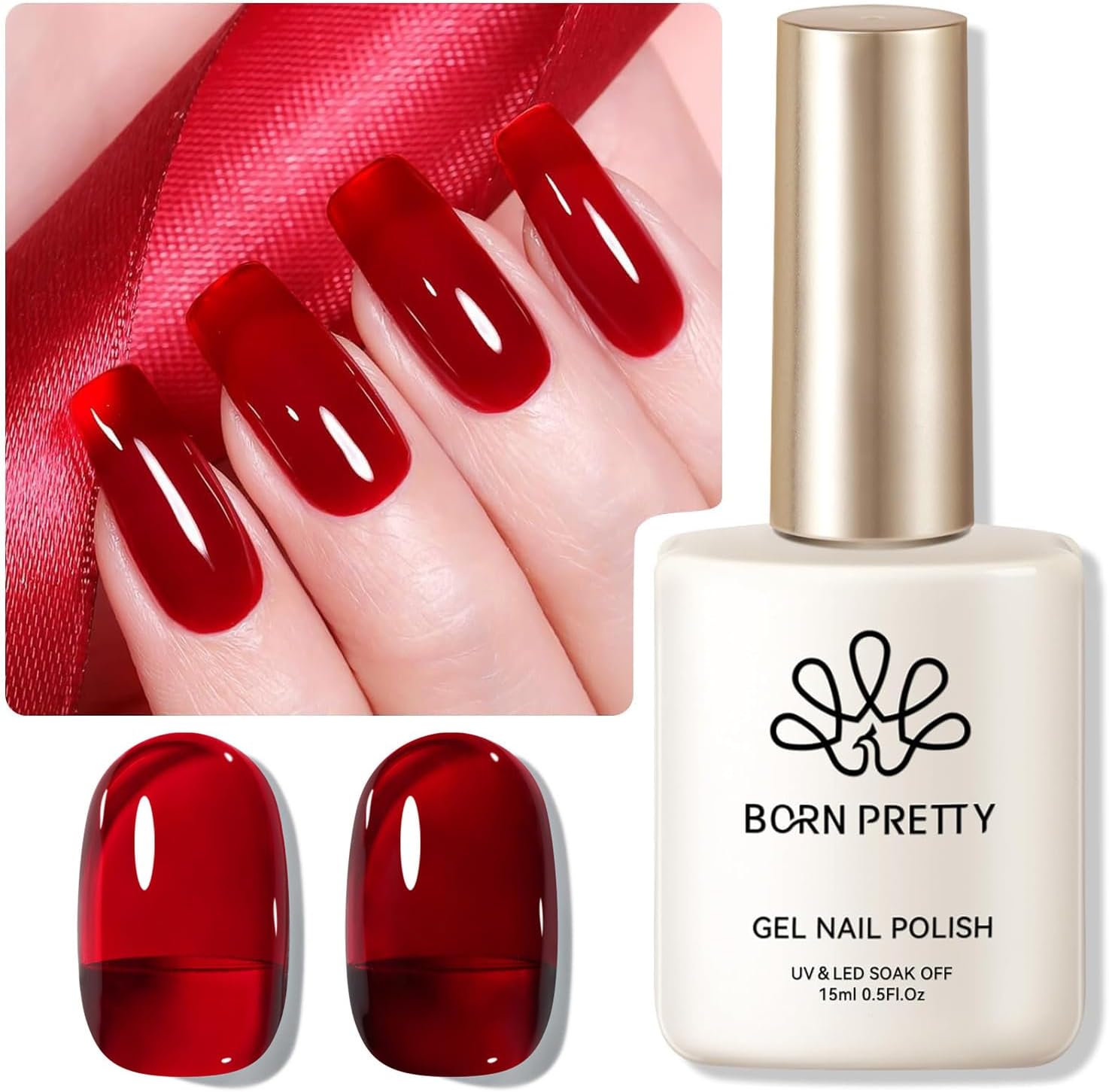 BORN PRETTY Jelly Burgundy Gel Nail Polish Blood Wine Red Gel Polish Translucent Valentine's Day Nail Gel Soak Off Hema-Free Gel Polish U V Light Cure for Nail Art DIY 15ML