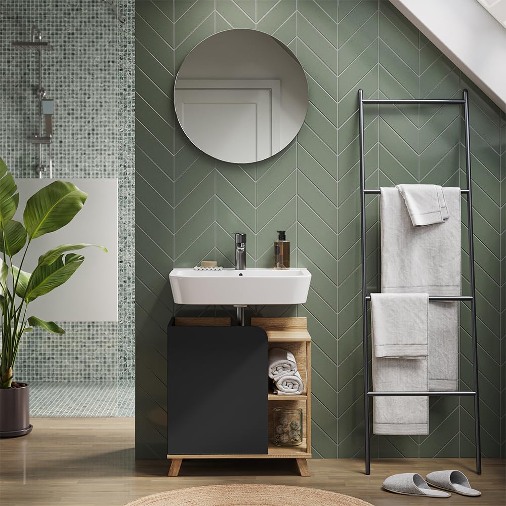 Vicco Mueble bajo Lavabo Karen, Sonoma/Antracita, 60 x 65 cm con Puerta y Compartimentos Abiertos, con Recorte para sifón para instalación Debajo del Lavabo