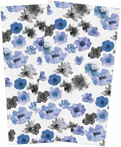 Image Duvet 2 Pack Cotton Kitchen Dish Cloths Towels, Ink Painting Flowers Blue Black 18 x28 Inch Soft Absorbent Kitchen Decoration Hand Towels for