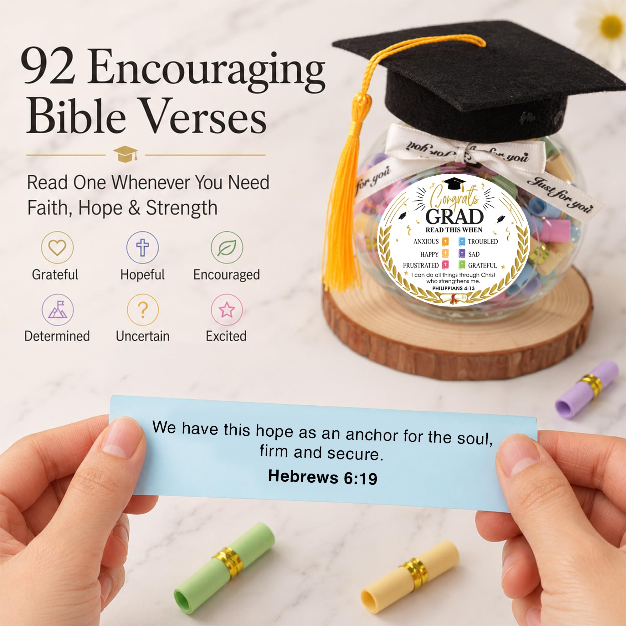 Graduation Bible Verses Jar with Grad Cap and Meaningful Cards, 2026 Graduation Gift for Him Her, Cute Congrats Class Middle High School College Congrats Grad Decor