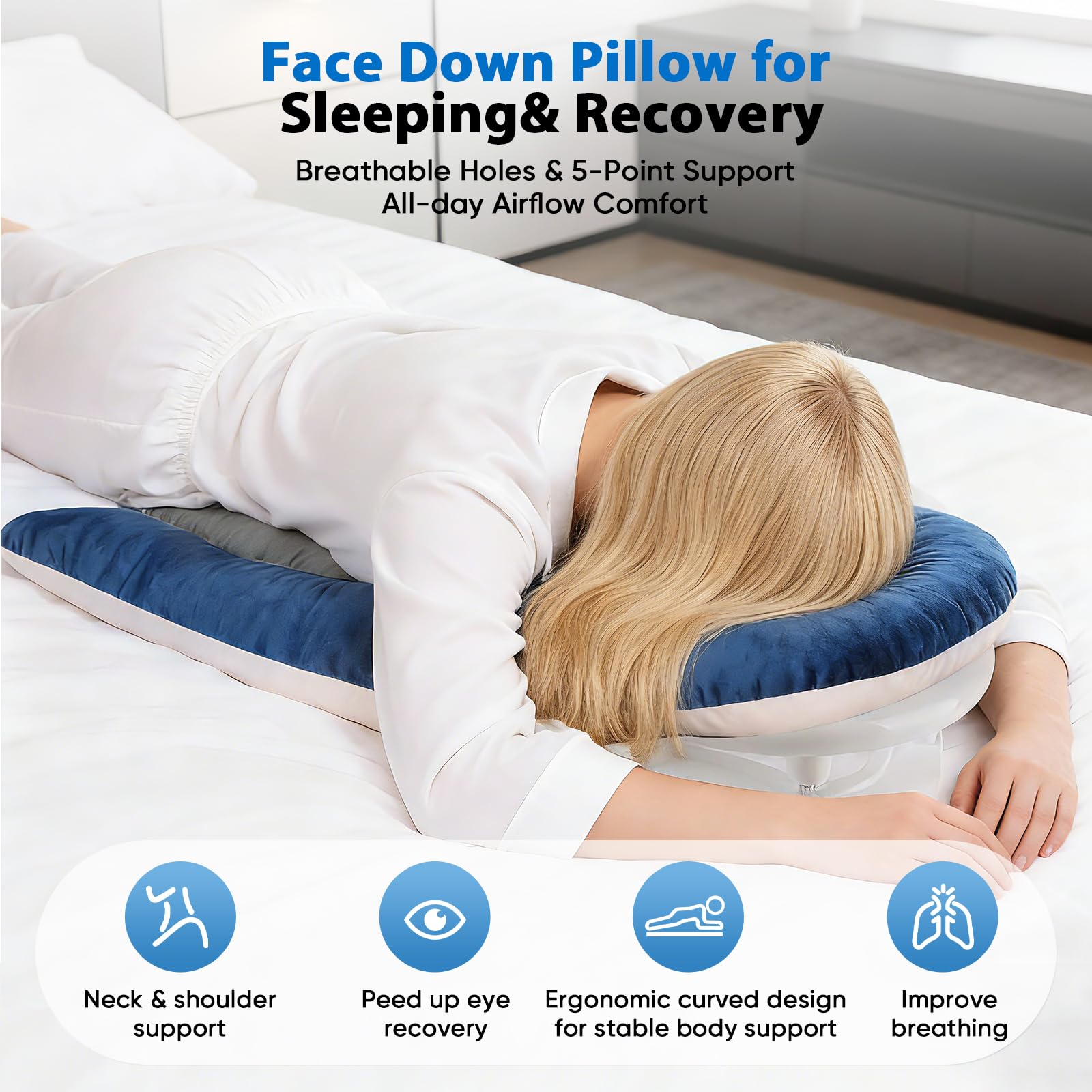 Almohada para Dormir Boca Abajo, Almohada Altura Ajustable para Recuperación Ocular Almohada Facial Ergonómica con Espuma Viscoelástica Almohada Contorneada para Posicionamiento Boca Abajo
