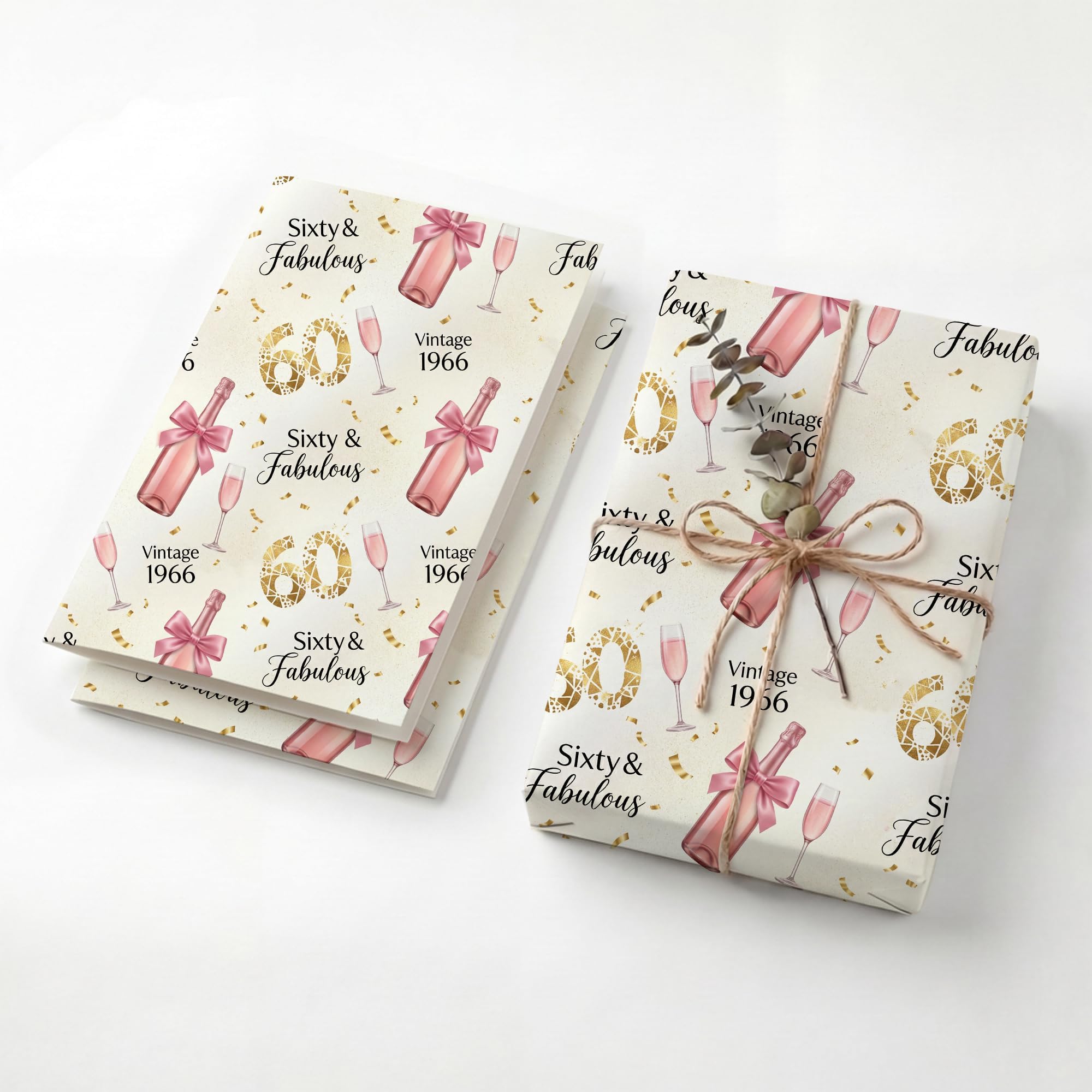 60th Fabulous 1966 Champagne Birthday Wrapping Paper Folded Sheets, 120GSM Thick Kraft Wrapping Paper for Women, Pink Gold 60th Print Present Packaging for Wife Mom, Two Pack
