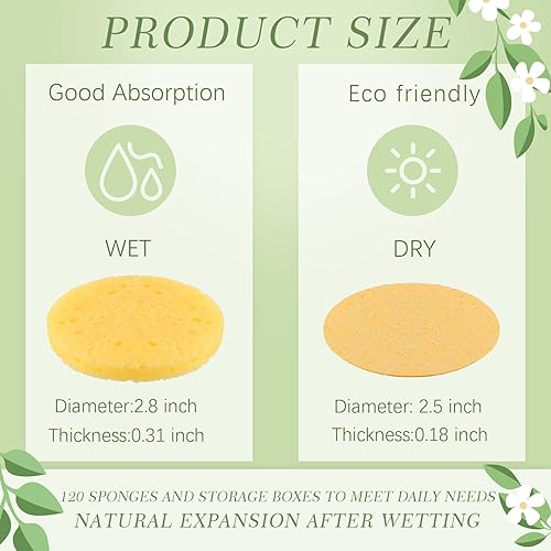 Vista 10 de Sieral 120 esponjas faciales comprimidas, esponjas faciales naturales desechables, almohadillas redondas suaves con recipiente para lavar la cara