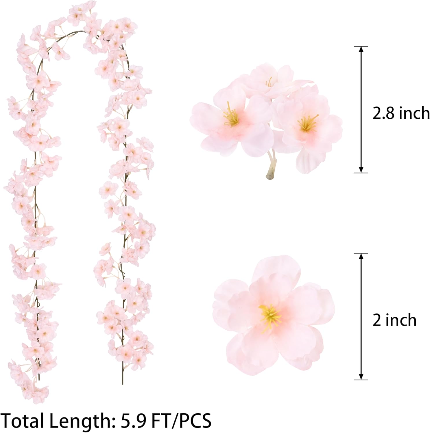Sunm Boutique 4-Pack 23.6 Ft Artificial Cherry Blossom Garland, Cherry Blossom Hanging Vines, Silk Sakura Vines Garlands for Wedding Party Home Decoration, Champagne Pink
