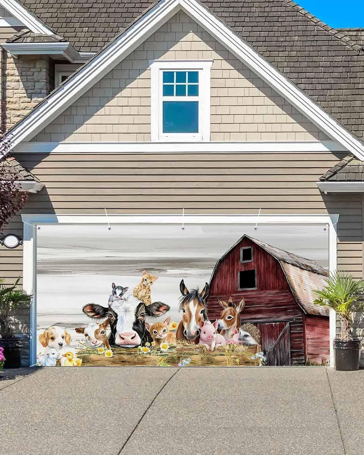 Garage Door Banner 6.9x16ft,Animal Pig Cow Farm Barn Garage Door Cover Porch Large Backdrop Banners Wall Decorations for Indoor Outdoor Holiday Party,Retro Fence Country Wheat Harvest