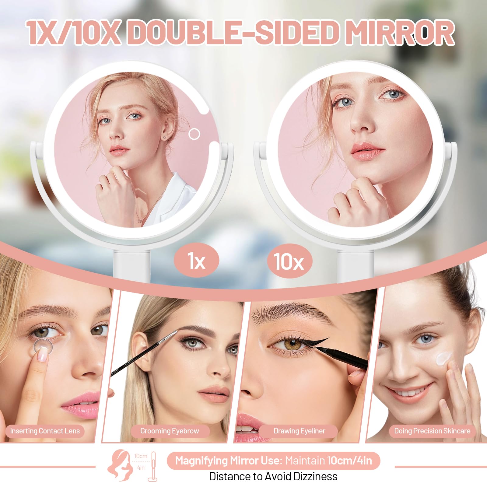 Specchio Trucco con Luci 10X/1X Bifacciale,Specchio Ingranditore 8", Specchio da Tavolo Ricaricabile 1500mAh, 3 Colori di Luci 64 LED Rotazione a 360° Smontabile per Camera da Letto, Viaggio