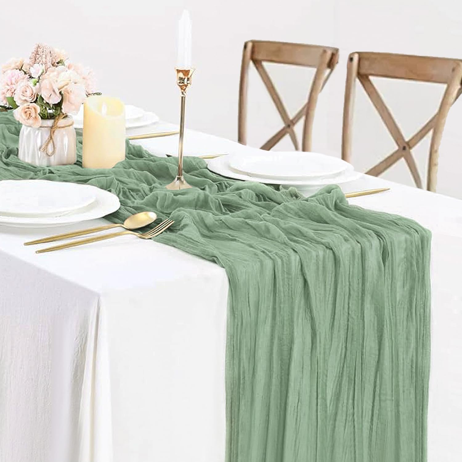BLUETOP Sage Green Cheesecloth Table Runner, 10ft Gauze Boho Rustic Cheese Cloth Table Runner 35x120 Inch Long Romantic Table Runner for Wedding Bridal Baby Shower Birthday Party Table Decoration