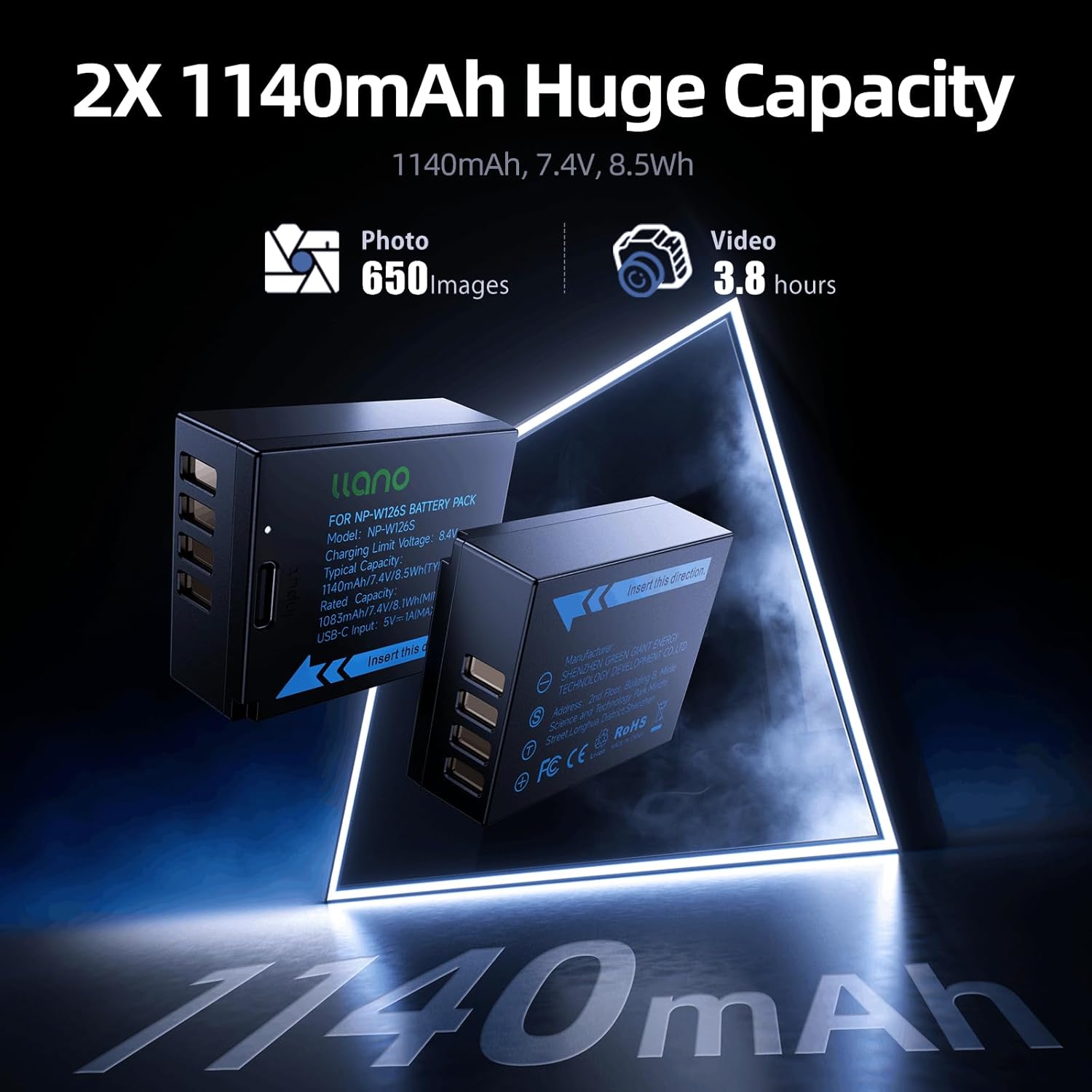 llano 2-Pack NP-W126S USB-C Batteries and 18W Fast Charger Set for Fujifilm X100VI X100V XT30II XM5 XT30 X100F XT3 XT2 XE4 XA7 XE3 X-PRO3 XT2 XT200, 1140mAh Capacity, 1.5H Full Charged, Smart Display - Image 3