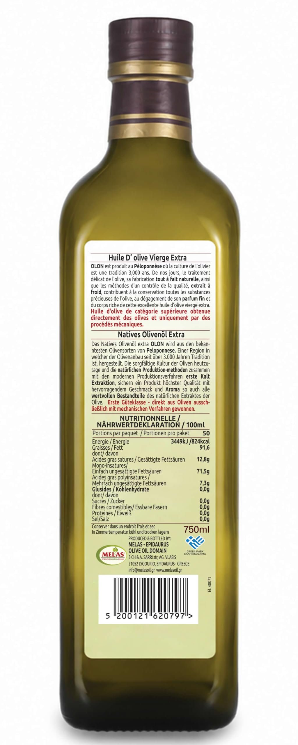 OLON Natives Olivenöl Extra – 6×750 ml – Kaltgepresst, Peloponnes‑Premium, erste Extraktion