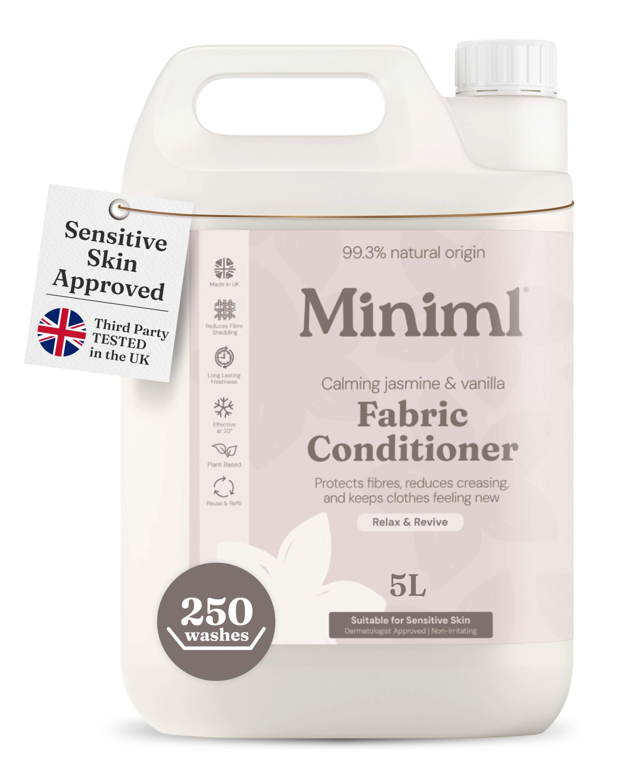 Miniml Natural Fabric Softener & Conditioner 5L Refill - Wild Jasmine & Vanilla Scented Natural Fabric Softener for Sensitive Skin - 100% Vegan & Cruelty Free (250 Washes)
