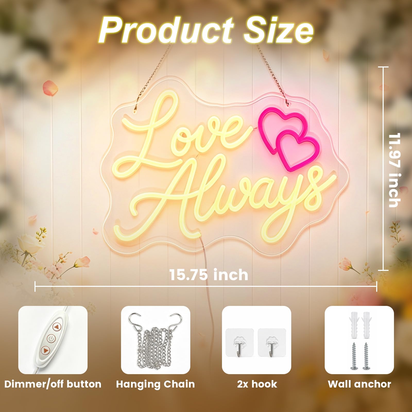 Love Always - Insegna al neon per decorazione da parete, LED dimmerabile Love Always Lights Up, alimentata tramite USB, per proposta di matrimonio, fidanzamento, regali per San Valentino
