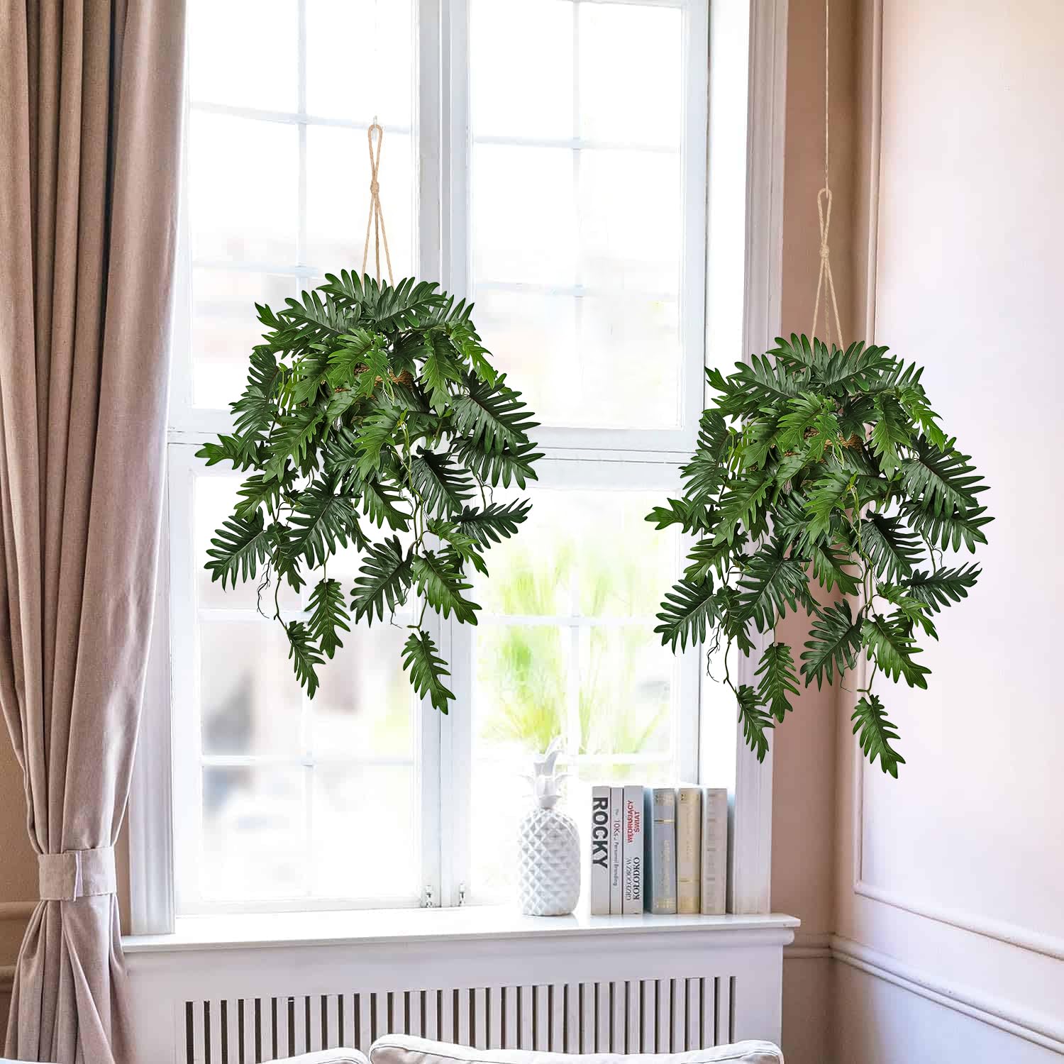 Künstliche Hängepflanzen im Topf Kunstpflanze Hängend Künstliche Pflanzen | 70 CM Philodendron Grün Dschungel Tropisch Deko für Wohnzimmer Schlafzimmer Badezimmer Esszimmer Küche Büro Hotel