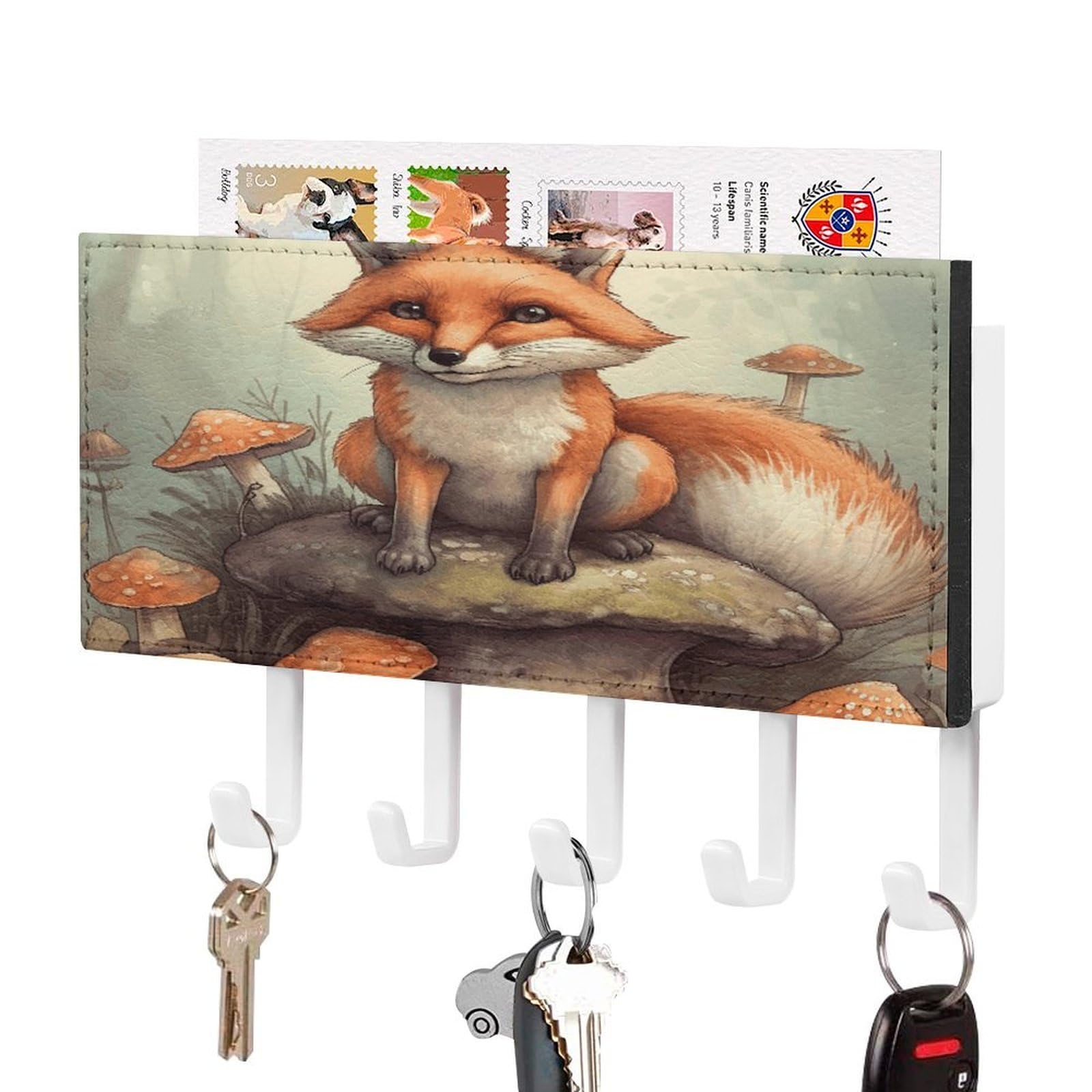 FekiLoot Fox in The Woods Key Holder Wall Mount Key Hanger with 5 Hooks Decorative Key Rack Hanging Key Hooks with Mail Organizer Key Holder for Wall Living Room Kitchen Bathroom Hallway White