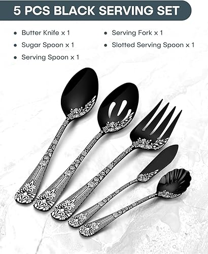 Miniatura 2 de EUIRIO Juego de 5 utensilios de servir, incluye cuchara grande para servir ranurada, tenedor, cuchara de azúcar y cuchillo de mantequilla, juego de