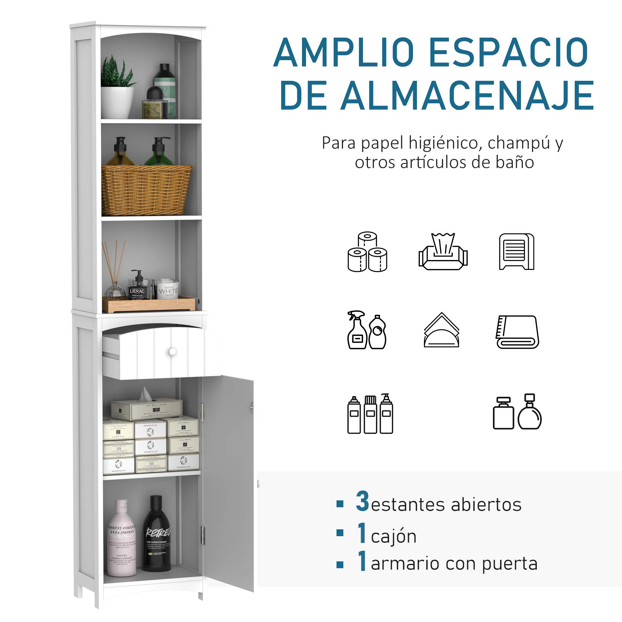 HOMCOM Armario Alto de Baño Estrecho 1 Cajón Moderno 34x24x170 cm Blanco | 3 Estantes Abiertos, Columna de Baño, para Salón, Aseo, Cocina