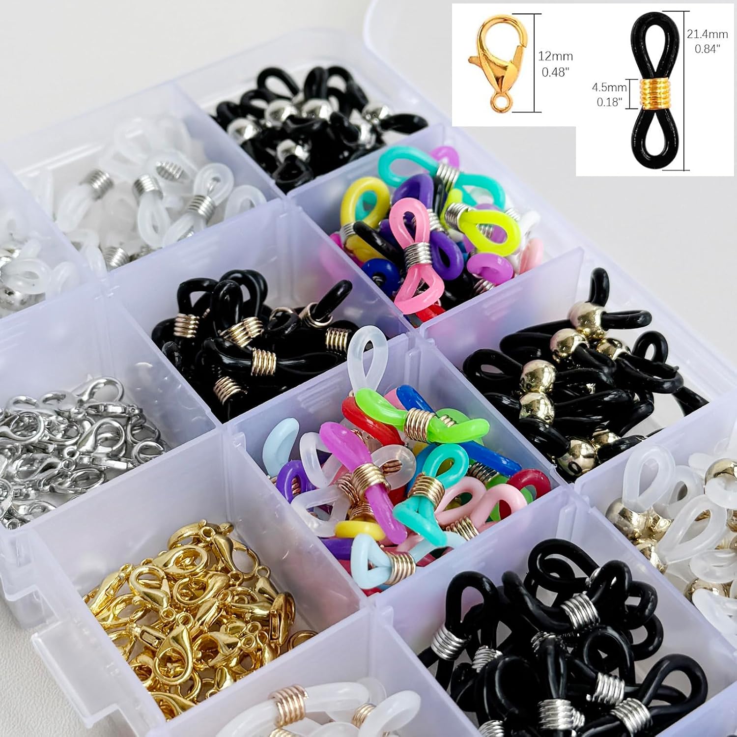 380Pcs Eyeglass Chain Ends Set with 10 Types Adjustable Silicone Connectors