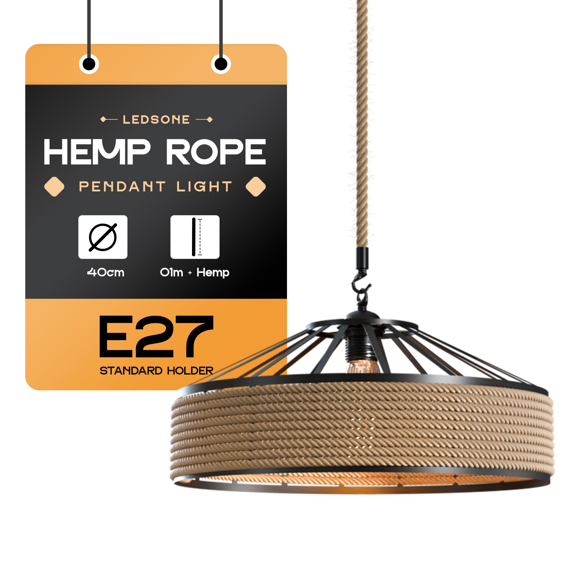 LEDSone 40cm Vintage Ceiling Pendant Light Fitting, Hemp Twisted Braided Flex,E27 Lamp Holder Suspended 1m Adjustable Rope Pendant Light Fitting Kit — image 1