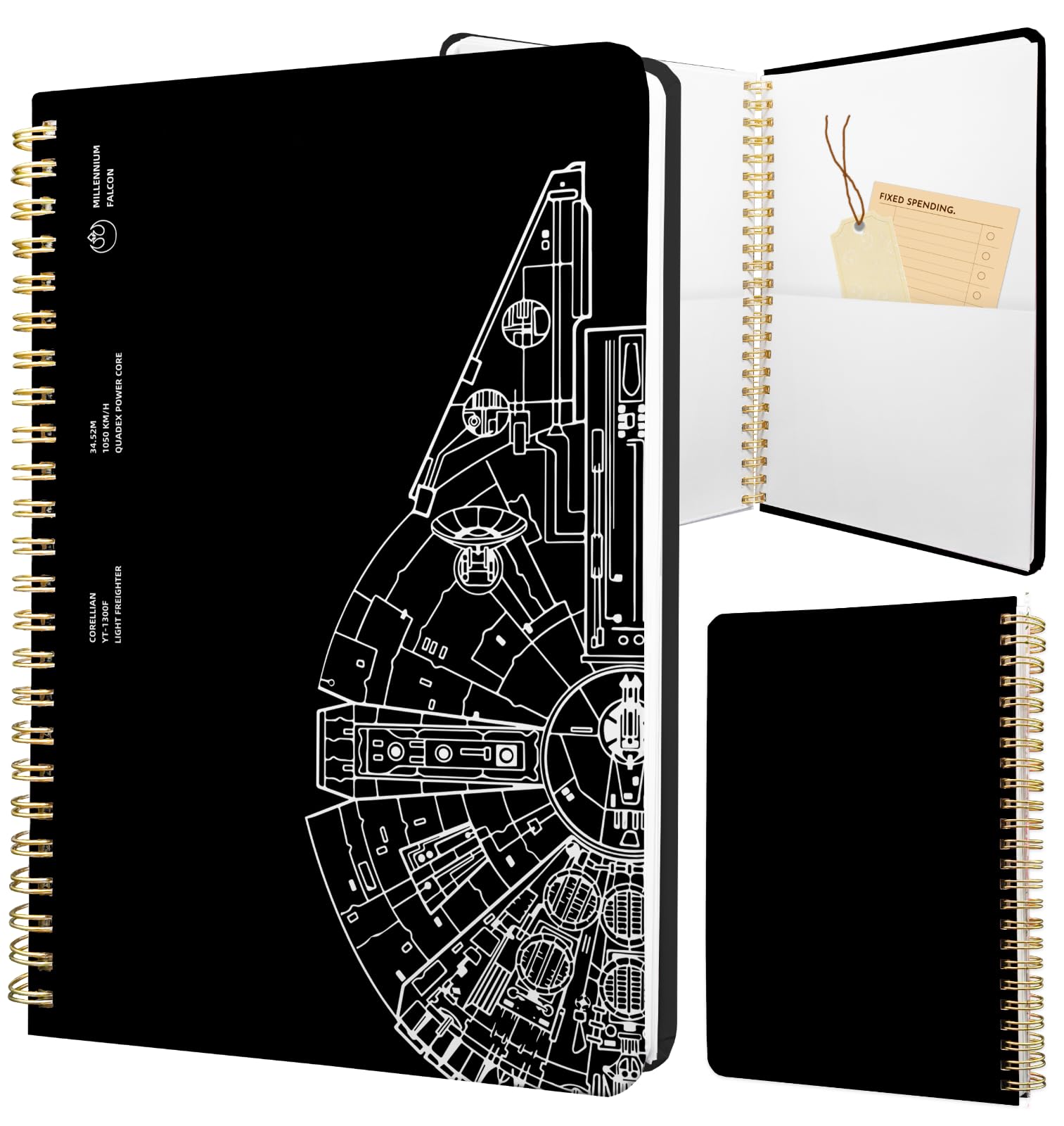 Carnet à spirale A5 noir joli motif floral kawaii pour femme écriture note dessin avec poche