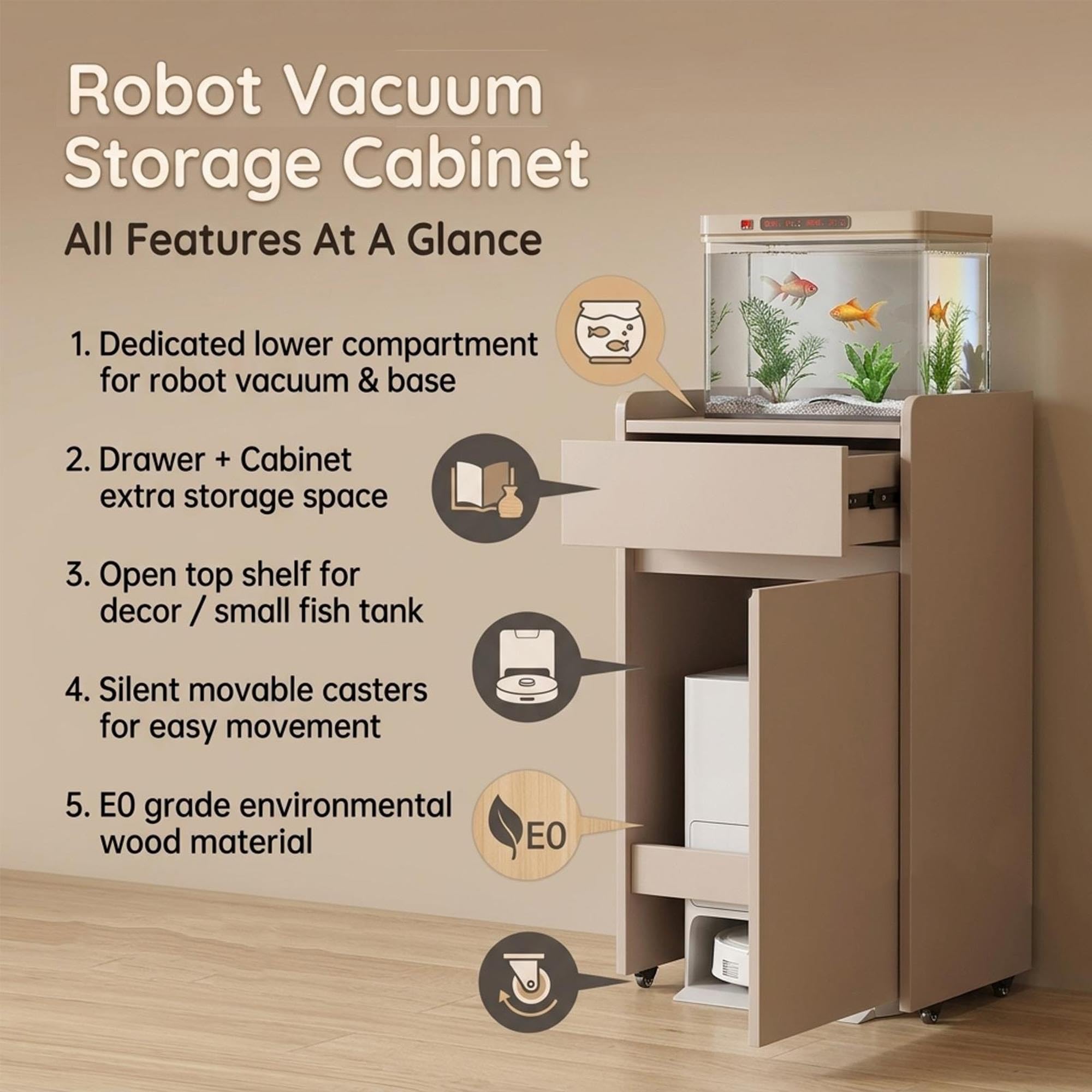 Mobiletto per robot aspirapolvere e tavolino d'appoggio con cassetto