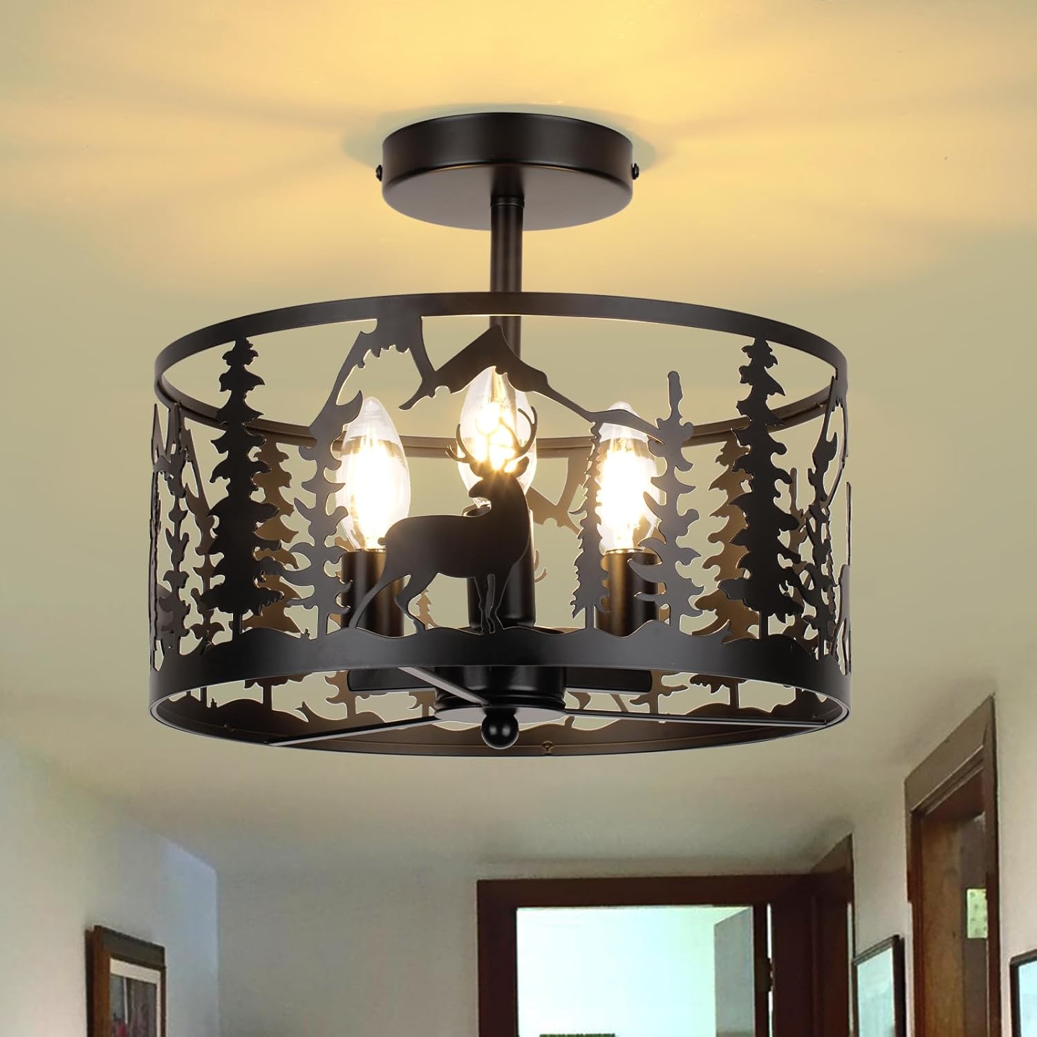 Rustic Black Semi Flush Mount Ceiling Light Fixture - 3-Light Metal Deer and Forest Design Lamp, Modern Industrial Farmhouse Chandelier for Kitchen, Bedroom, Hallway, Dining Room