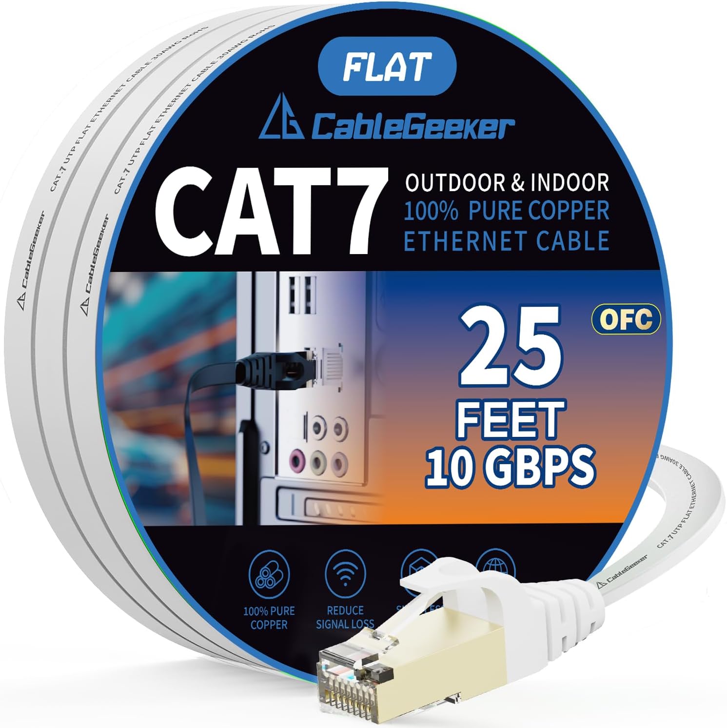 CableGeeker Cat7 Shielded Ethernet Cable 25ft White (Highest Speed Cable) Flat Internet Network Cable with Snagless RJ45 Connector for Modem, Router, LAN, Computer + Free Clips and Straps
