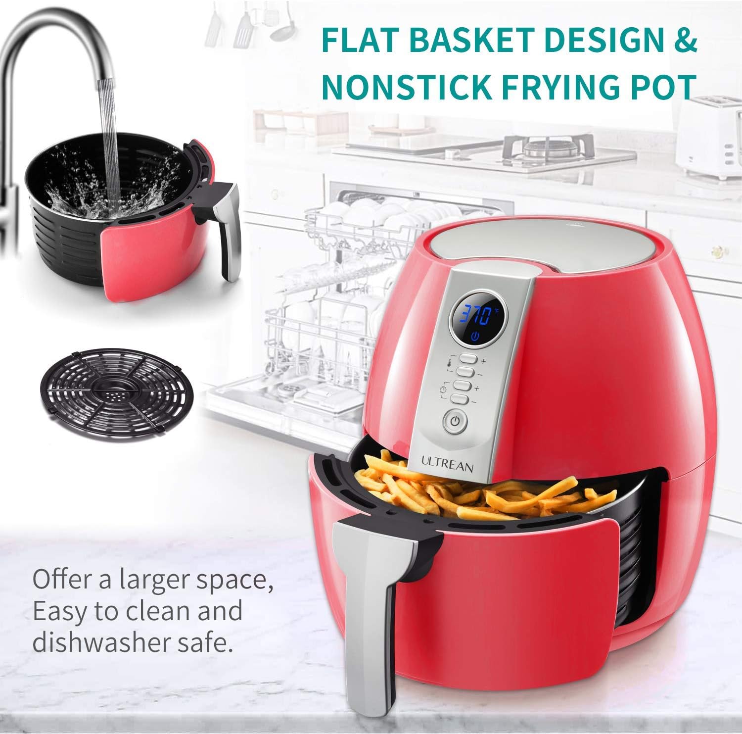 Top Rated Ultrean Air Fryer, 4.2 Quart (4 Liter) Electric Hot Air Fryers Oven Oilless Cooker with LCD Digital Screen and Nonstick Frying Pot, UL Certified, 1-Year Warranty, 1500W (4L, Red)