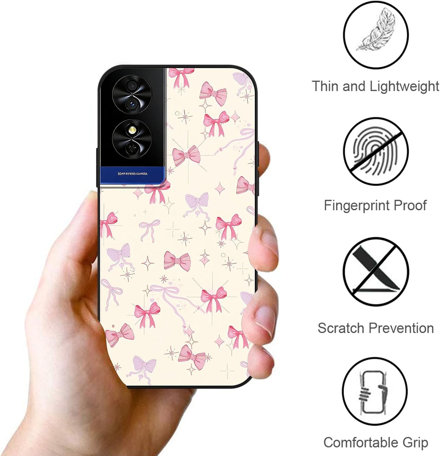 Cute Pink Bow Star Phone Case for TCL 50 SE 4G 6.78",Cartoon Kawaii Ribbon Bowknot Pattern Aesthetic Design Cases Soft Silicone TPU Slim Shockproof Protective Bumper Black Phone Cover image 5
