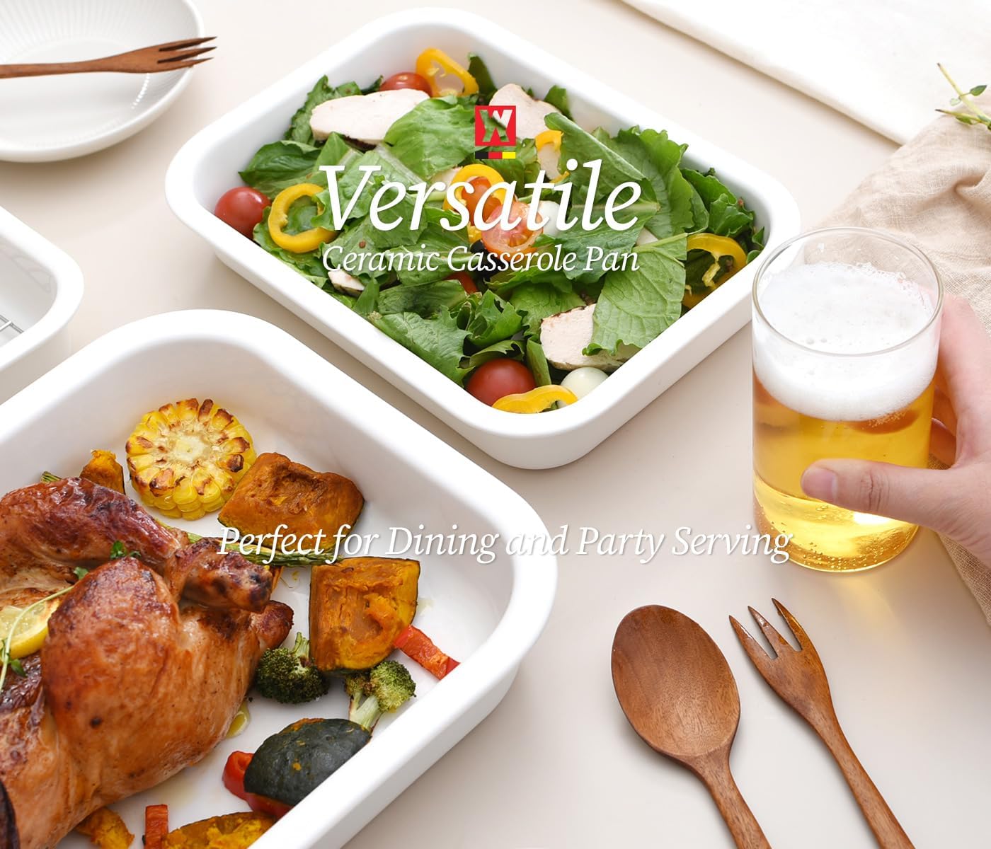 Ceramic Roasting Pan, Baking Dish with Stainless Steel Rack, Non Stick Chicken Roaster Pan, Microwave or Conventional Oven Cooking, Food Prep Tools, White Color (White, 2.94 Quarts)