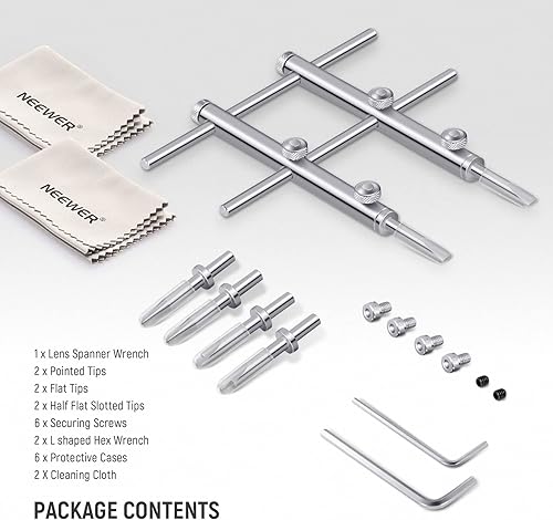 Miniatura 17 de NEEWER Llave inglesa de lente de acero inoxidable, herramienta profesional curvada de doble cara puntiaguda/plana de extracción de lentes con cuatro