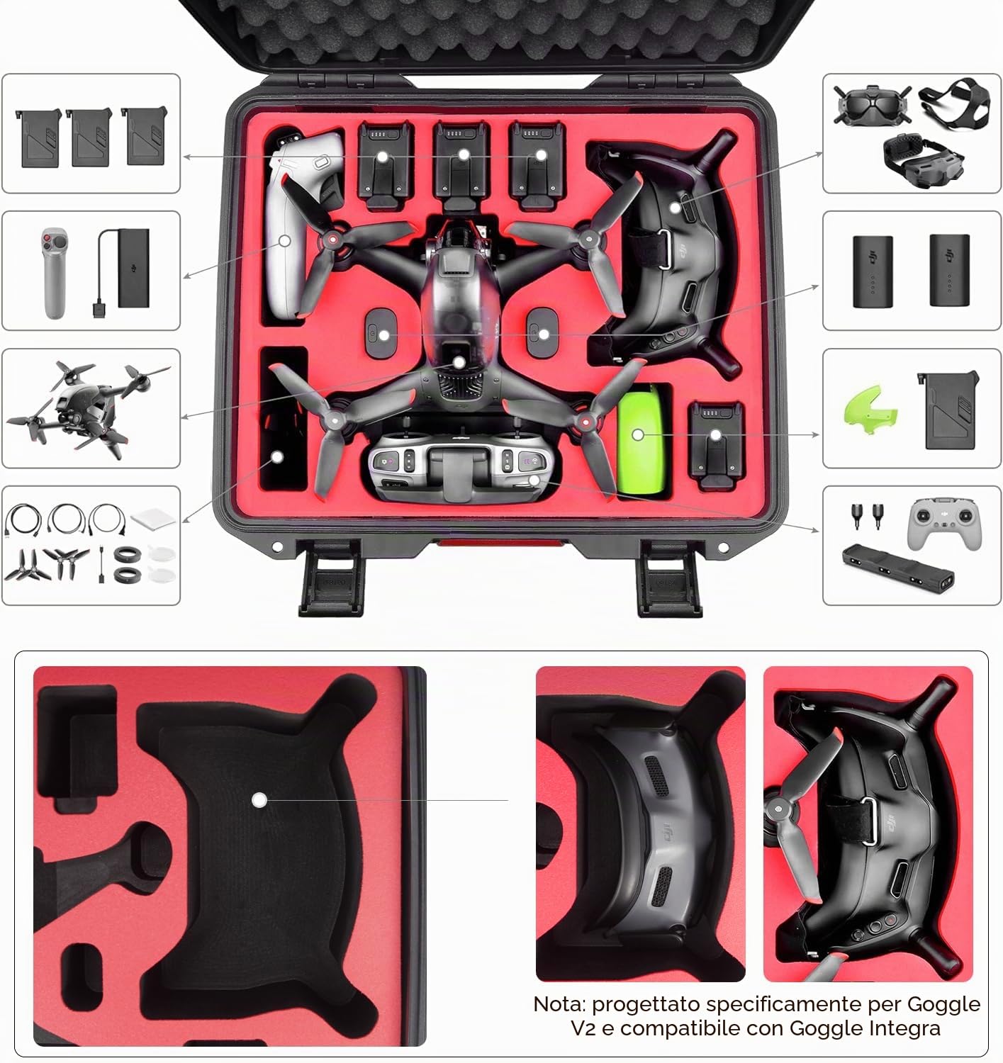 FPVtosky Custodia professionale per DJI FPV - Custodia per il trasporto per DJI FPV Fly More Combo - Contiene 5 batterie, 2 set di eliche [droni e accessori non inclusi]
