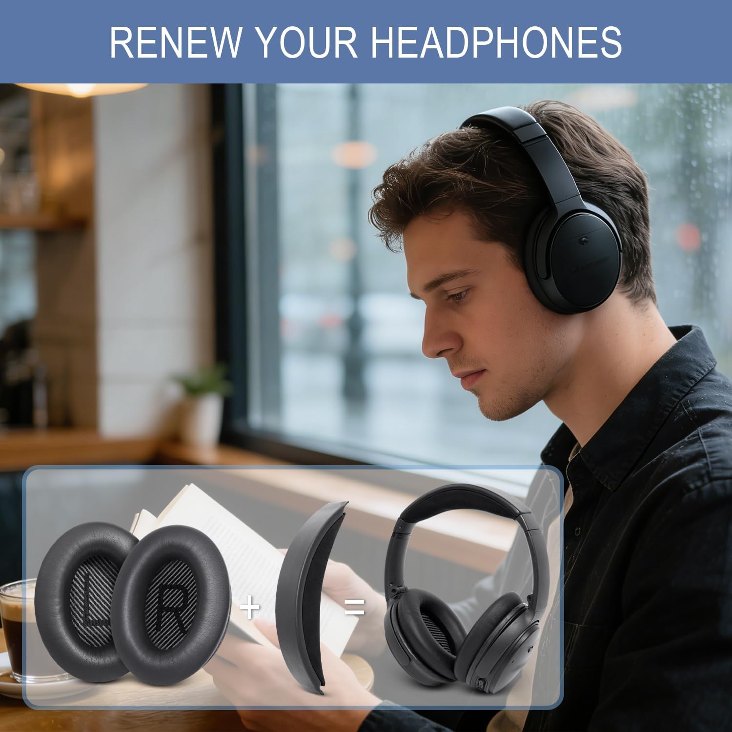 GEVO Replacement Kit for for Bose QC35 & QC35 ii (QuietComfort 35 II) Over-Ear Headphones, Ear Pads Cushions + Headband, Extra Comfort, Repair Part, Easy DIY Installation with Tool - Black