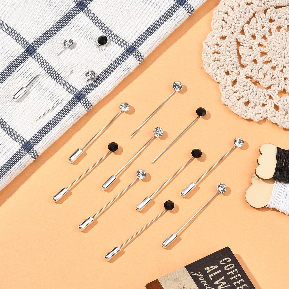 SUNNYCLUE 30Pcs Rhinestone Straight Pins Round Head Pin Black White Metal Iron Crystal Muslim Hijab Scarf Clothes Straight Brooch with 10Pcs Safety Caps for Jewelry Shawls Wedding Decorations Findings