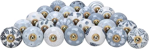 RAJRANG Paquete de 25 pomos y tiradores de cerámica para gabinetes, color gris y blanco, pintados a mano, diseño bohemio, para cajones y muebles,