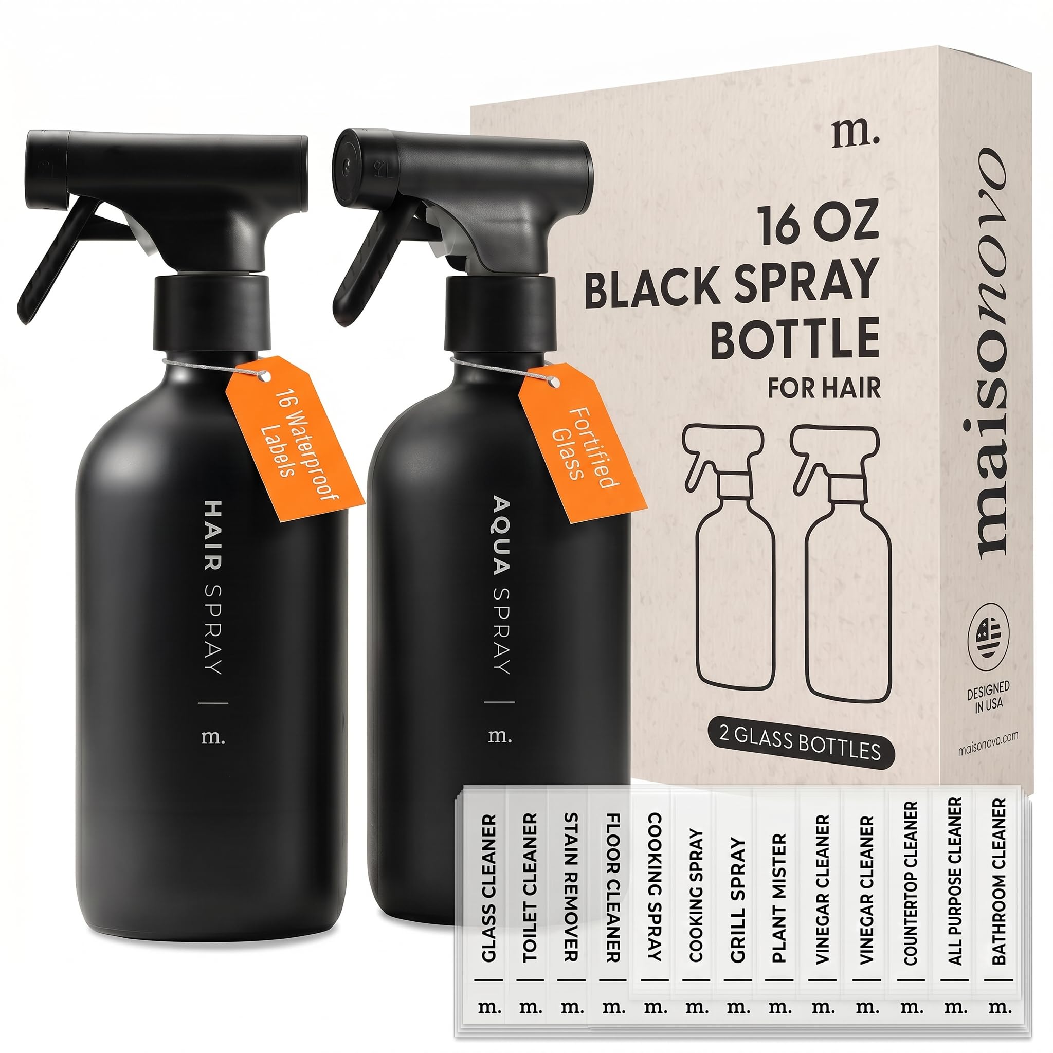 MAISONOVO Water Spray Bottle For Hair Set of 2 - Black 500ml Refillable Glass Spray Bottles For Hair, 16 Labels
