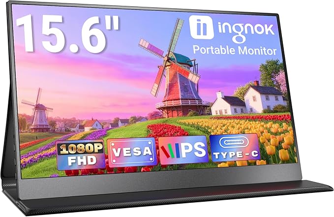 Ingnok Écran Portable 15,6", FHD 1080P IPS Moniteur Portable avec Haut-parleurs Intégré, Ultra-Leger Ecran Portatif pour Ordinateur Portable/PC/Mac/PS3/4/5/X-box - Connectivité USB C et HDMI