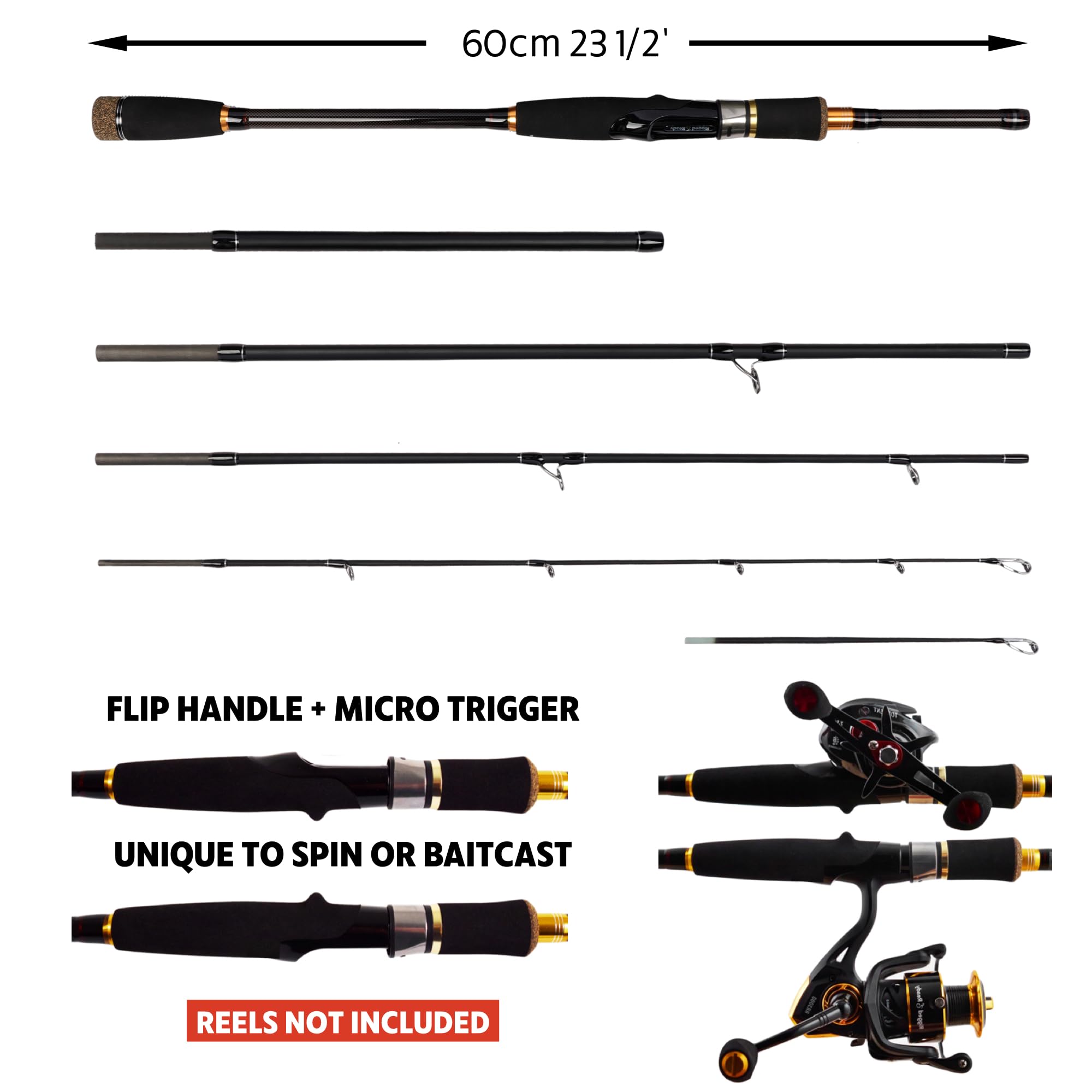 Rigged and Ready Predator Series Spin & Baitcast Travel Fishing Rods. Unique Spin Cast Micro Trigger. Compact Hi-Carbon Rods. 4 Rod Sections, 2 Tips, + case. Mobile Lure Rod Anglers. Fresh & Saltwater