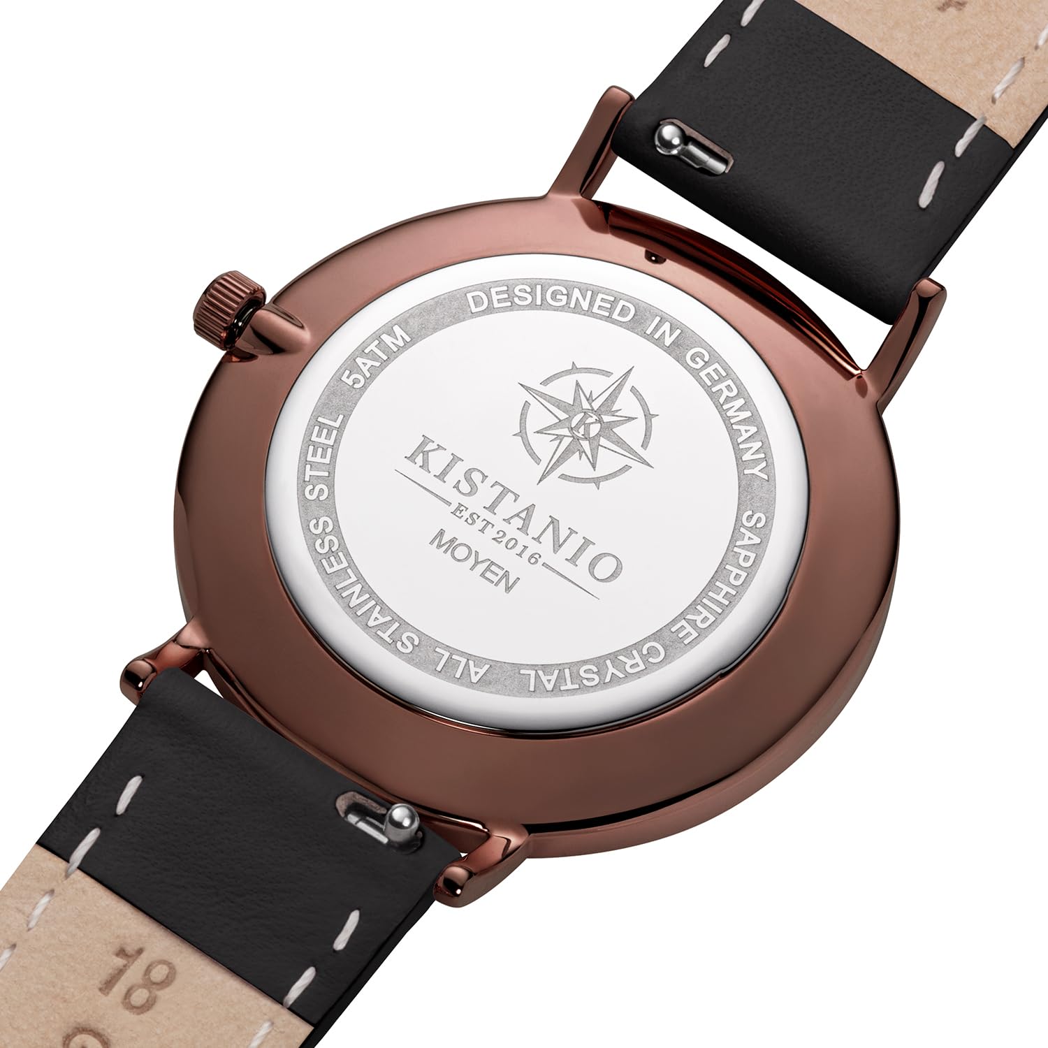 Moyen płaski zegarek damski ze skórzanym paskiem, szkło szafirowe, średnica 38 mm, stal nierdzewna, data, różne warianty, Mocca / masa perłowa / czarny, Pasek