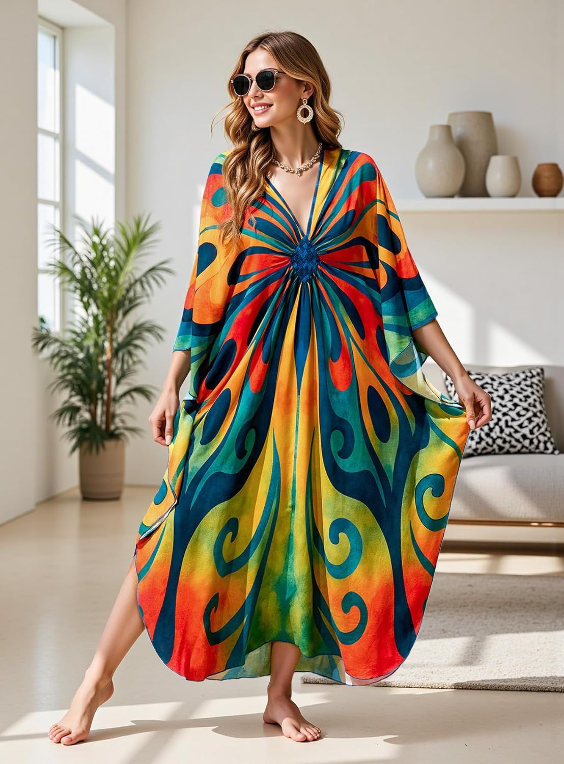 Women's Plus Size Kaftan Dress - Batwing Sleeve Long Beach Cover Up Maxi Dress Swimsuit Cover Loungewear - Image 4