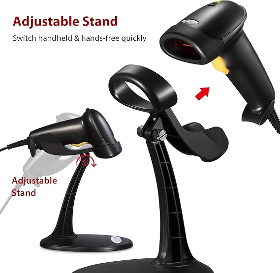 Esky Barcode Scanner with Stand, Wired Handheld Bar Code Scanner with Adjustable Stand, Automatic 1D USB Laser Scanner Support Windows/Mac/Linux for Store, Supermarket, Warehouse, Library