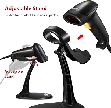 Esky Barcode Scanner with Stand, Wired Handheld Bar Code Scanner with Adjustable Stand, Automatic 1D USB Laser Scanner Support Windows/Mac/Linux for Store, Supermarket, Warehouse, Library